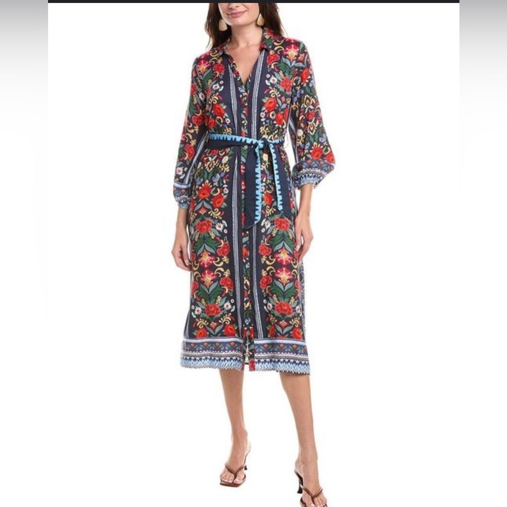 CELINA MOON Long Sleeve Floral Print Shirt Dress With Belt